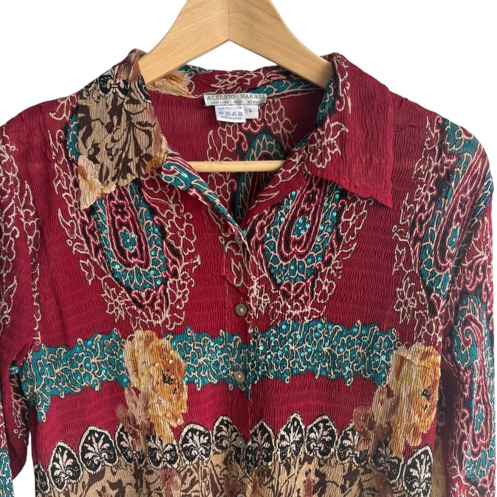 Y2K Alberto Makali Blouse Floral Paisley Crinkle Top Flowing Sequin Detail Sz L - Picture 2 of 7